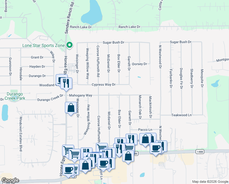 map of restaurants, bars, coffee shops, grocery stores, and more near 611 Box Elder Drive in Magnolia
