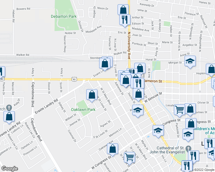 map of restaurants, bars, coffee shops, grocery stores, and more near 1609 Myrtle Place in Lafayette