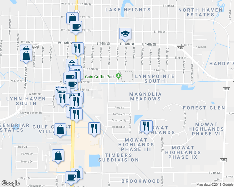 map of restaurants, bars, coffee shops, grocery stores, and more near 1725 Illinois Avenue in Lynn Haven