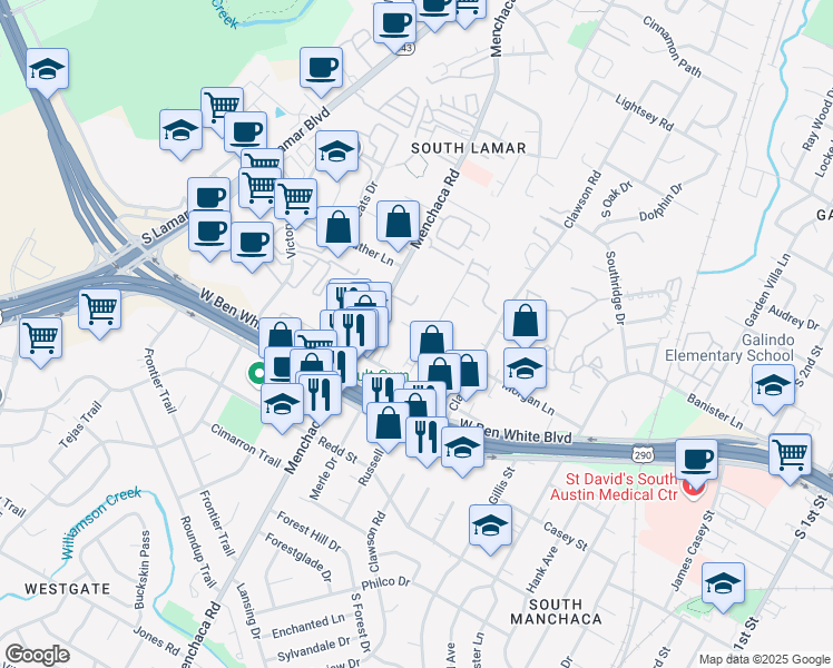map of restaurants, bars, coffee shops, grocery stores, and more near 4107 Valley View Road in Austin
