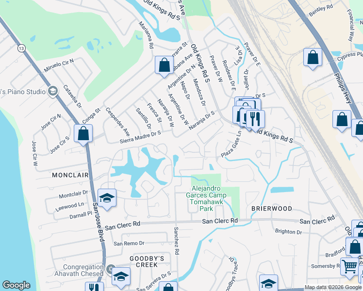 map of restaurants, bars, coffee shops, grocery stores, and more near 4305 Plaza Gate Lane in Jacksonville