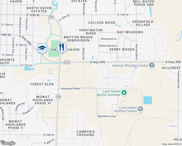 map of restaurants, bars, coffee shops, grocery stores, and more near 4600 Britton Road in Panama City