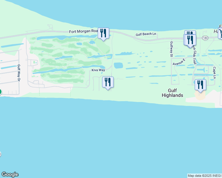 map of restaurants, bars, coffee shops, grocery stores, and more near 400 Plantation Road in Gulf Shores