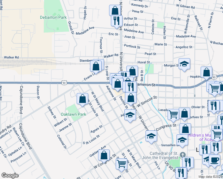 map of restaurants, bars, coffee shops, grocery stores, and more near 417 Adrienne Street in Lafayette