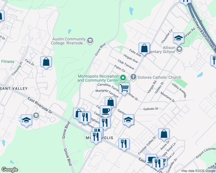 map of restaurants, bars, coffee shops, grocery stores, and more near 6109 Marigold Terrace in Austin