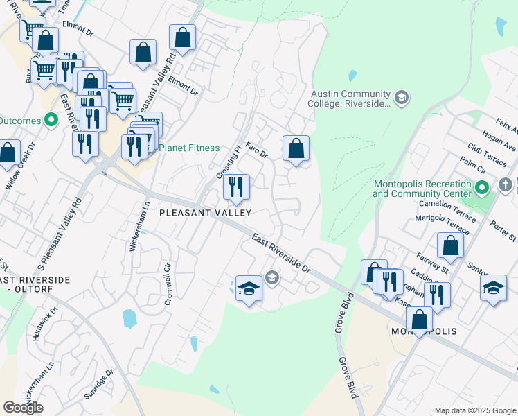 map of restaurants, bars, coffee shops, grocery stores, and more near 1851 1/2 River Crossing Circle in Austin