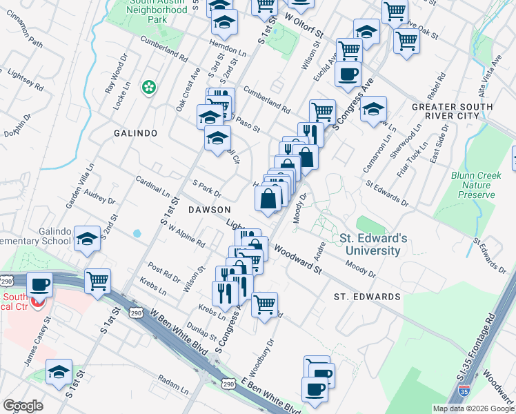 map of restaurants, bars, coffee shops, grocery stores, and more near 126 Frederick Street in Austin