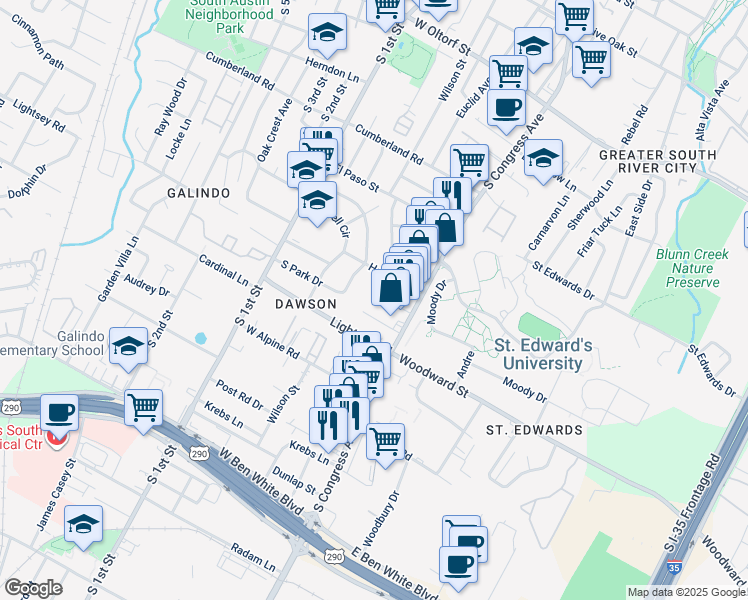 map of restaurants, bars, coffee shops, grocery stores, and more near 126 Frederick Street in Austin