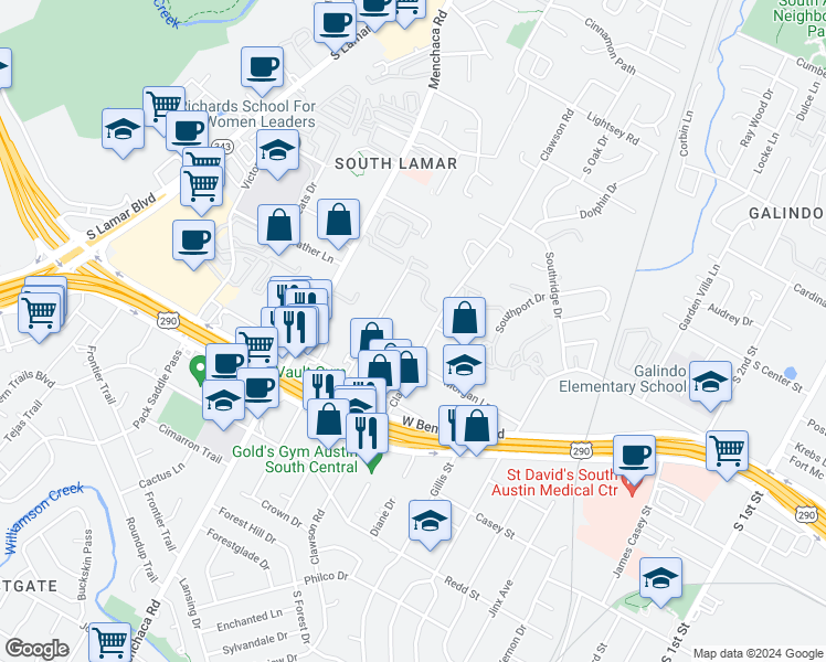 map of restaurants, bars, coffee shops, grocery stores, and more near 4100 Clawson Road in Austin
