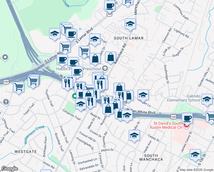 map of restaurants, bars, coffee shops, grocery stores, and more near 1900 Fortview Road in Austin