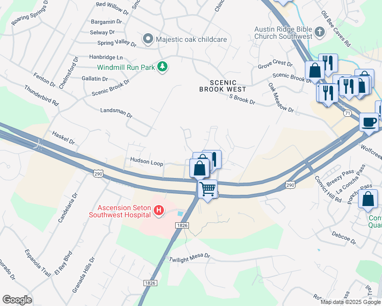 map of restaurants, bars, coffee shops, grocery stores, and more near 8000 U.S. 290 in Austin