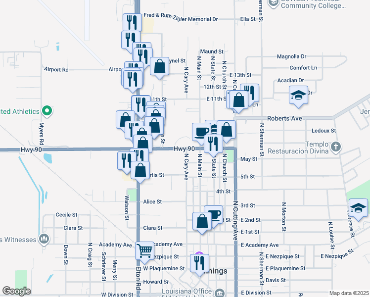 map of restaurants, bars, coffee shops, grocery stores, and more near 208 Shankland Avenue in Jennings