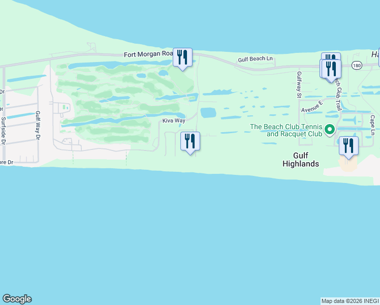 map of restaurants, bars, coffee shops, grocery stores, and more near 375 Plantation Lane in Gulf Shores