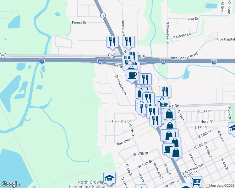map of restaurants, bars, coffee shops, grocery stores, and more near 107-135 Par Road 6-52 in Crowley