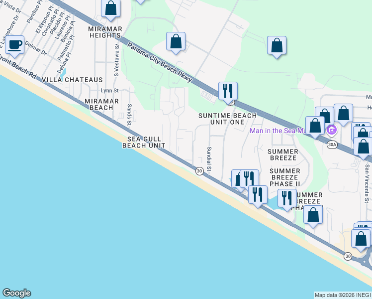 map of restaurants, bars, coffee shops, grocery stores, and more near in Panama City Beach