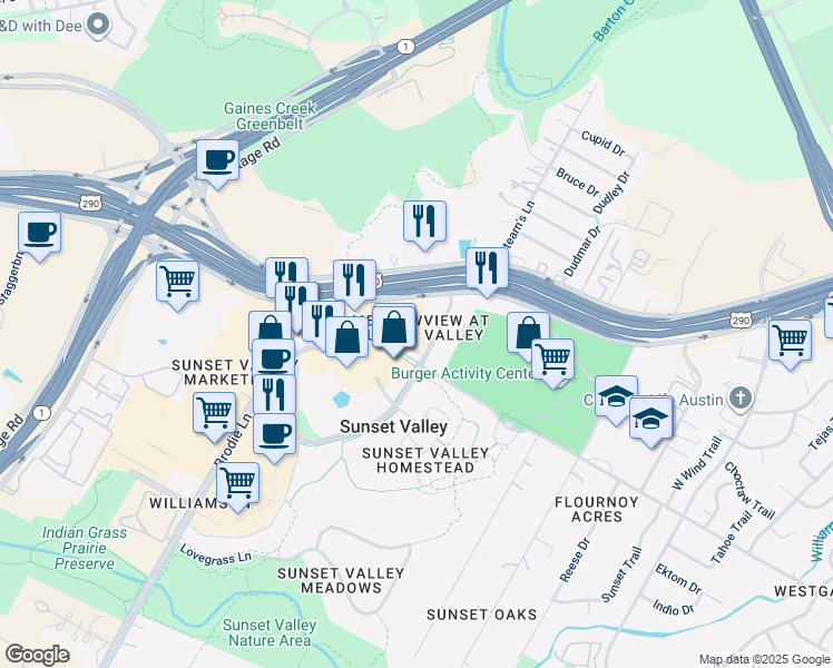 map of restaurants, bars, coffee shops, grocery stores, and more near 4805 U.S. 290 in Austin