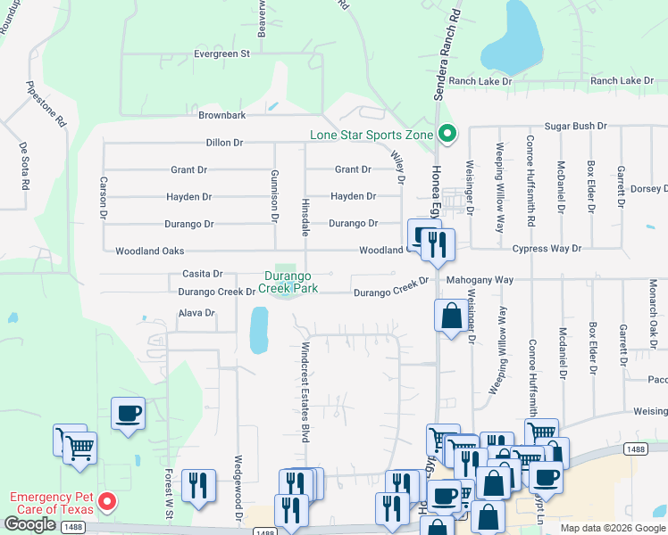 map of restaurants, bars, coffee shops, grocery stores, and more near 6806 Kotlan Court in Magnolia