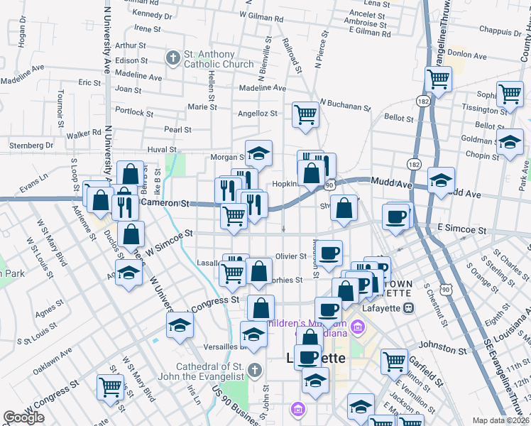 map of restaurants, bars, coffee shops, grocery stores, and more near 720 W Simcoe St in Lafayette