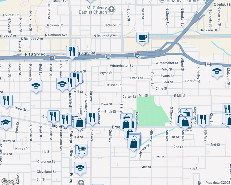 map of restaurants, bars, coffee shops, grocery stores, and more near 1618 Mill Street in Lake Charles