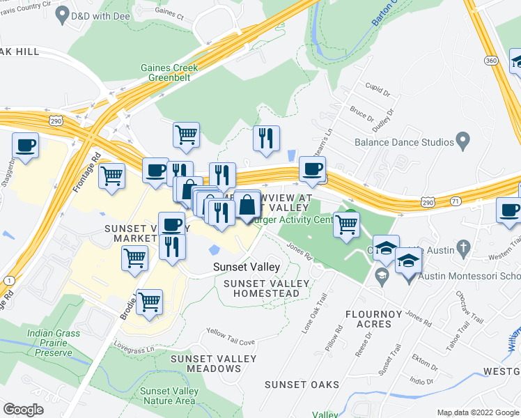map of restaurants, bars, coffee shops, grocery stores, and more near 4805 U.S. 290 in Austin