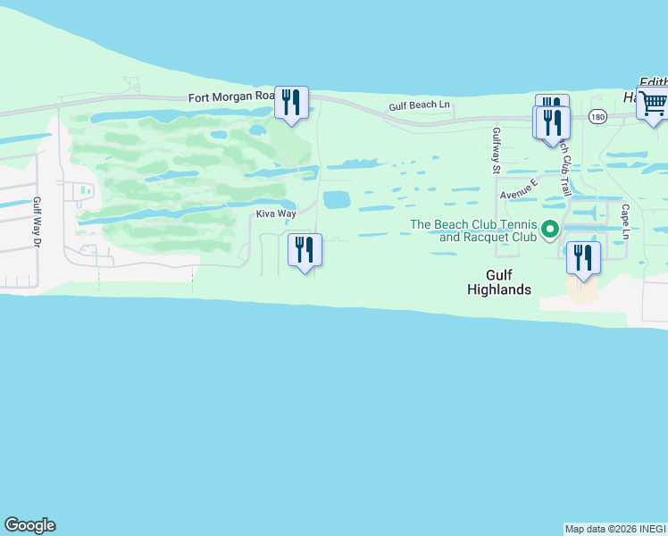 map of restaurants, bars, coffee shops, grocery stores, and more near 400 Plantation Road in Gulf Shores
