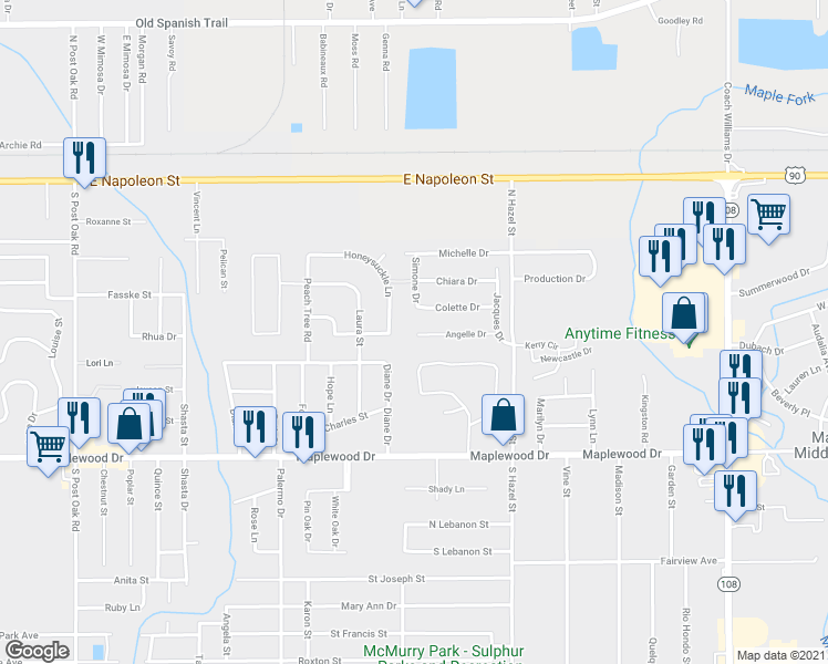 map of restaurants, bars, coffee shops, grocery stores, and more near 4602 Angelle Drive in Sulphur