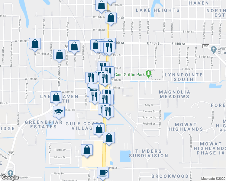 map of restaurants, bars, coffee shops, grocery stores, and more near 120 East 18th Street in Lynn Haven