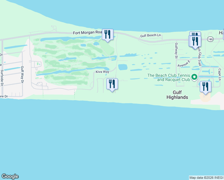 map of restaurants, bars, coffee shops, grocery stores, and more near 375 Plantation Lane in Gulf Shores