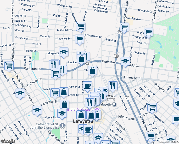 map of restaurants, bars, coffee shops, grocery stores, and more near in Lafayette