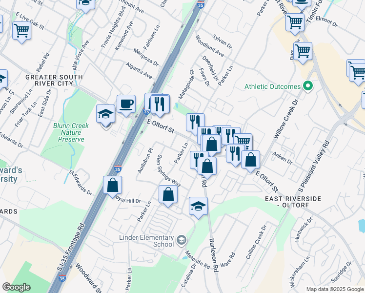 map of restaurants, bars, coffee shops, grocery stores, and more near 1817 East Oltorf Street in Austin