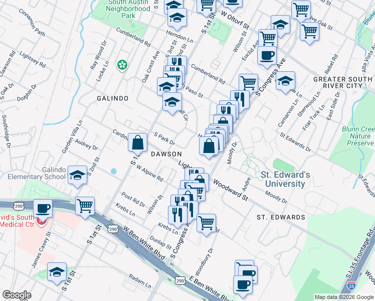 map of restaurants, bars, coffee shops, grocery stores, and more near 308 Lightsey Road in Austin