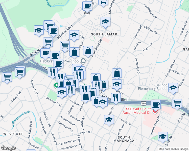 map of restaurants, bars, coffee shops, grocery stores, and more near 4107 Valley View Road in Austin