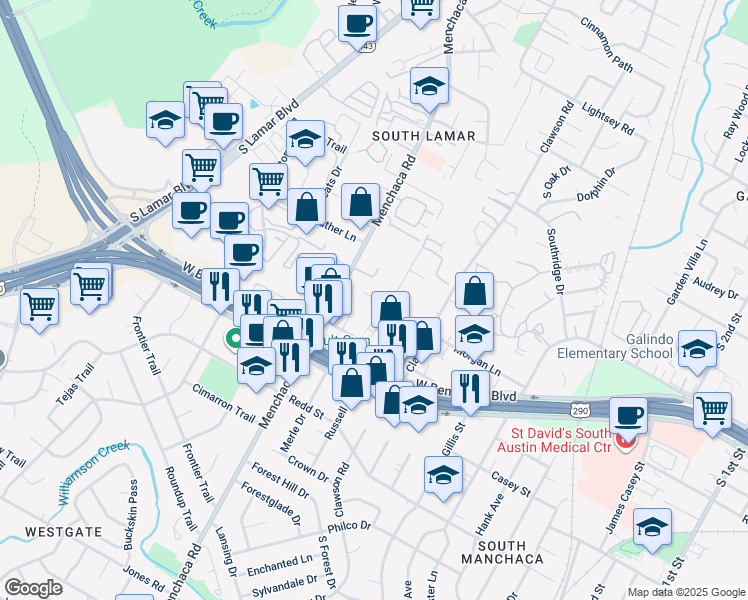 map of restaurants, bars, coffee shops, grocery stores, and more near 4107 Valley View Road in Austin