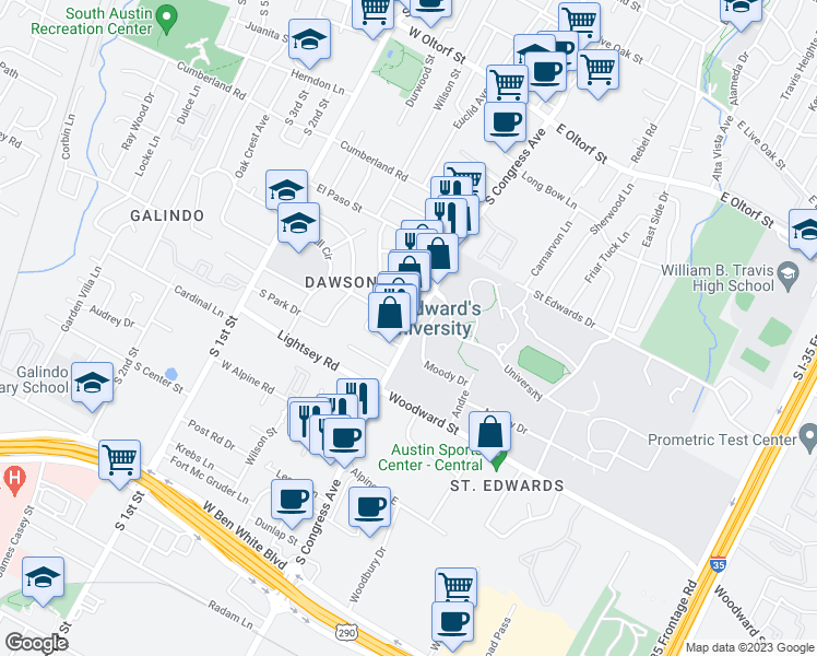 map of restaurants, bars, coffee shops, grocery stores, and more near 3114 South Congress Avenue in Austin