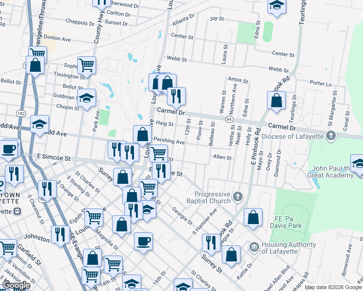 map of restaurants, bars, coffee shops, grocery stores, and more near 1608-1612 12th Street in Lafayette