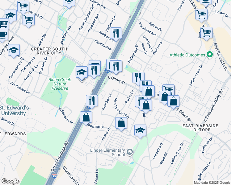 map of restaurants, bars, coffee shops, grocery stores, and more near 2400 Audubon Place in Austin