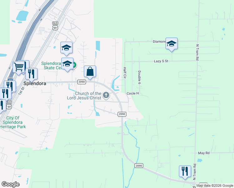 map of restaurants, bars, coffee shops, grocery stores, and more near 14459 Splenwood Drive in Splendora