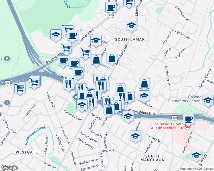 map of restaurants, bars, coffee shops, grocery stores, and more near 4101 Menchaca Road in Austin
