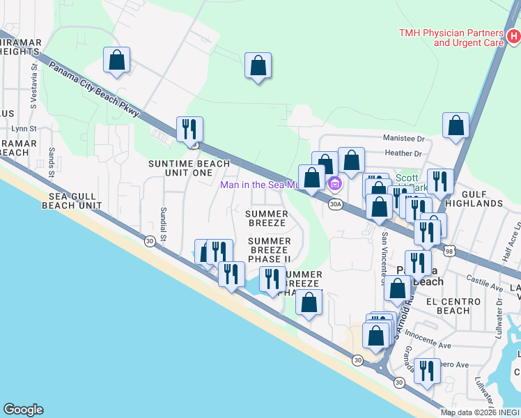 map of restaurants, bars, coffee shops, grocery stores, and more near 110 Biscayne Drive in Panama City Beach