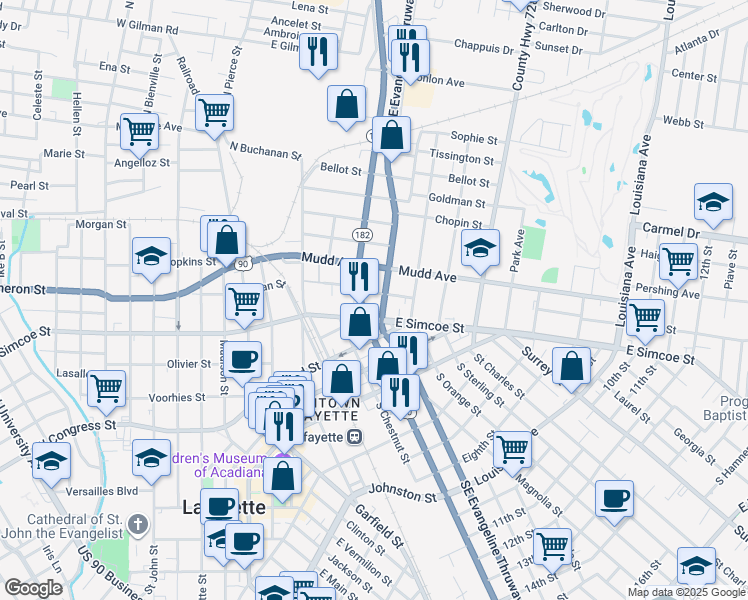 map of restaurants, bars, coffee shops, grocery stores, and more near 513 Northeast Evangeline Thruway in Lafayette