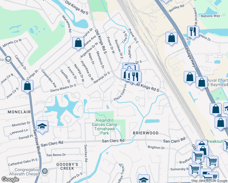map of restaurants, bars, coffee shops, grocery stores, and more near 8138 Sutton Place North in Jacksonville
