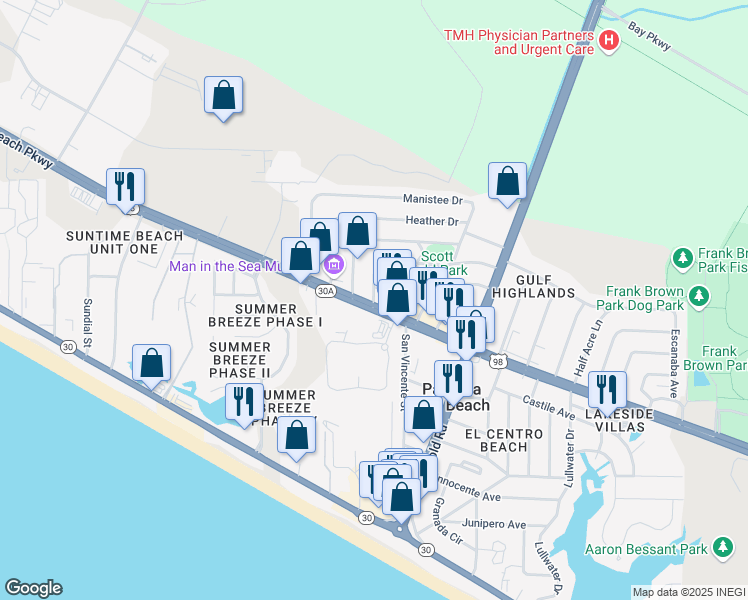 map of restaurants, bars, coffee shops, grocery stores, and more near 17299 Panama City Beach Parkway in Panama City Beach
