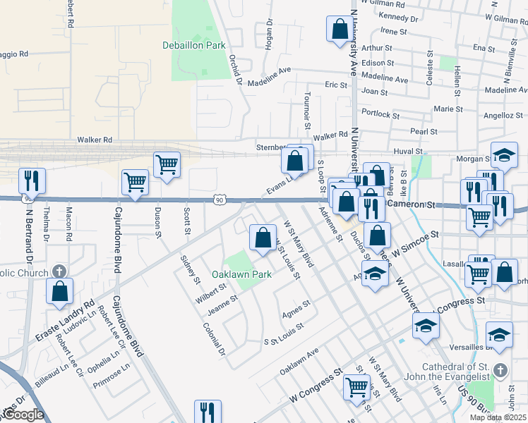 map of restaurants, bars, coffee shops, grocery stores, and more near 2000 Cameron Street in Lafayette