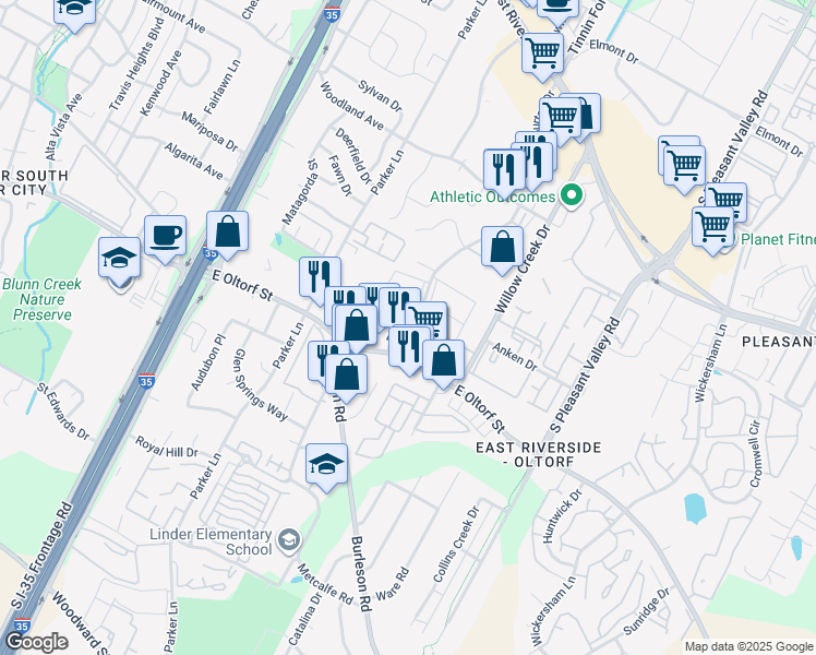 map of restaurants, bars, coffee shops, grocery stores, and more near 2102 Burton Drive in Austin