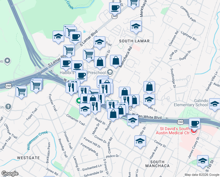 map of restaurants, bars, coffee shops, grocery stores, and more near 4019 Menchaca Road in Austin