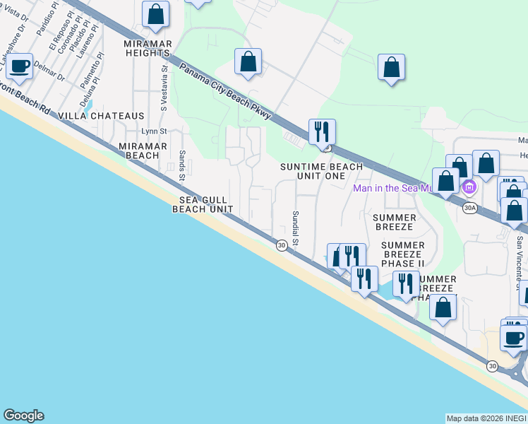 map of restaurants, bars, coffee shops, grocery stores, and more near 17620 Front Beach Road in Panama City Beach