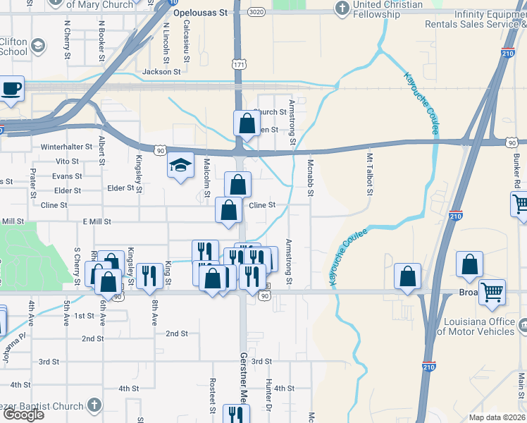 map of restaurants, bars, coffee shops, grocery stores, and more near 2701 Cline St in Lake Charles