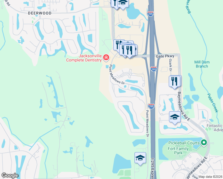 map of restaurants, bars, coffee shops, grocery stores, and more near 7800 Point Meadows Drive in Jacksonville