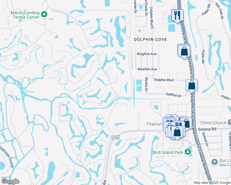 map of restaurants, bars, coffee shops, grocery stores, and more near 24858 Marsh Landing Parkway in Ponte Vedra Beach