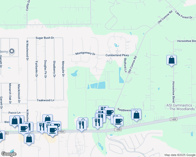 map of restaurants, bars, coffee shops, grocery stores, and more near 15770 Old Conroe Road in Conroe